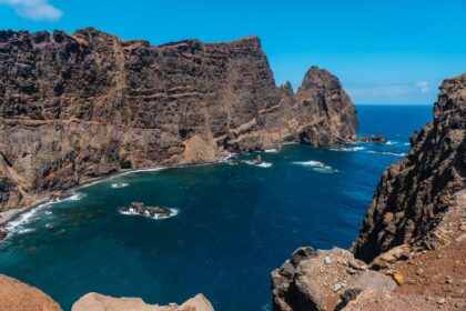 Landscape of the rock formations at Ponta de Sao Lourenco and the sea, Madeira. Portugal